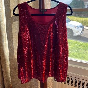Slinky Brand Sequined Front Tank Top in Cherry Red, Size XL